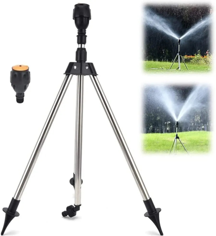 Retractable automatic rotating sprinkler tripod with stainless steel nozzle, 1/2 inch thread, 15°-360° adjustable angle.
