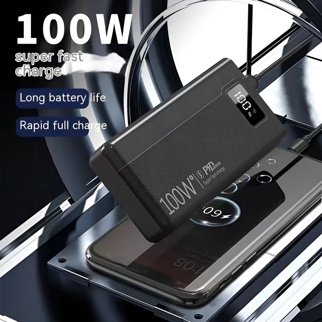 Black and white large capacity power bank with plastic shell showing fast charge support.