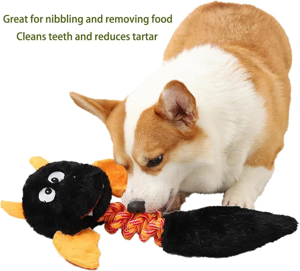 Cartoon-shaped plush dog toy with a rope knot in black, green, or red