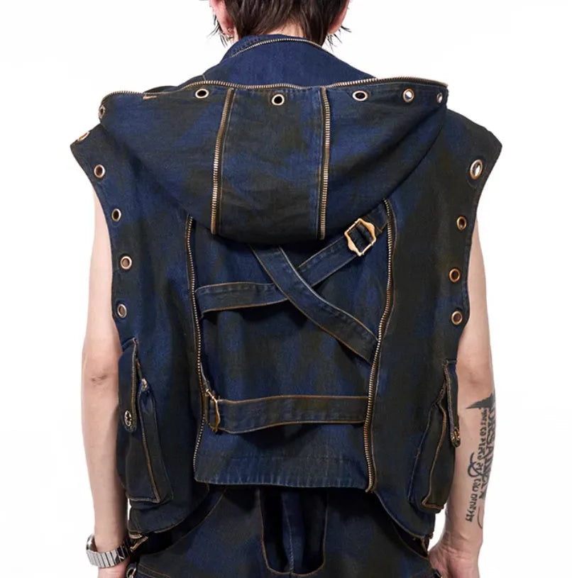 Blue hooded denim vest coat with matching trousers, men's Korean-style outfit set
