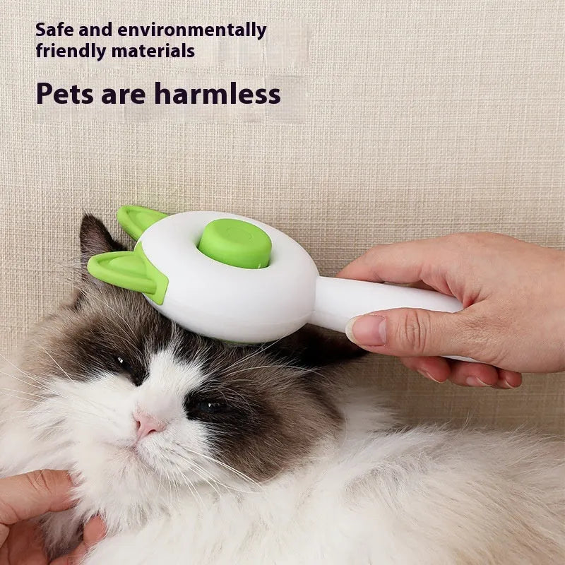 Self-cleaning cat grooming brush with stainless steel pins in greenish white and orange white colour options
