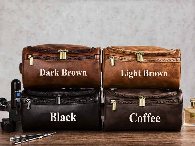 Men's black PU leather travel toiletry bag with included makeup bag for bathroom storage