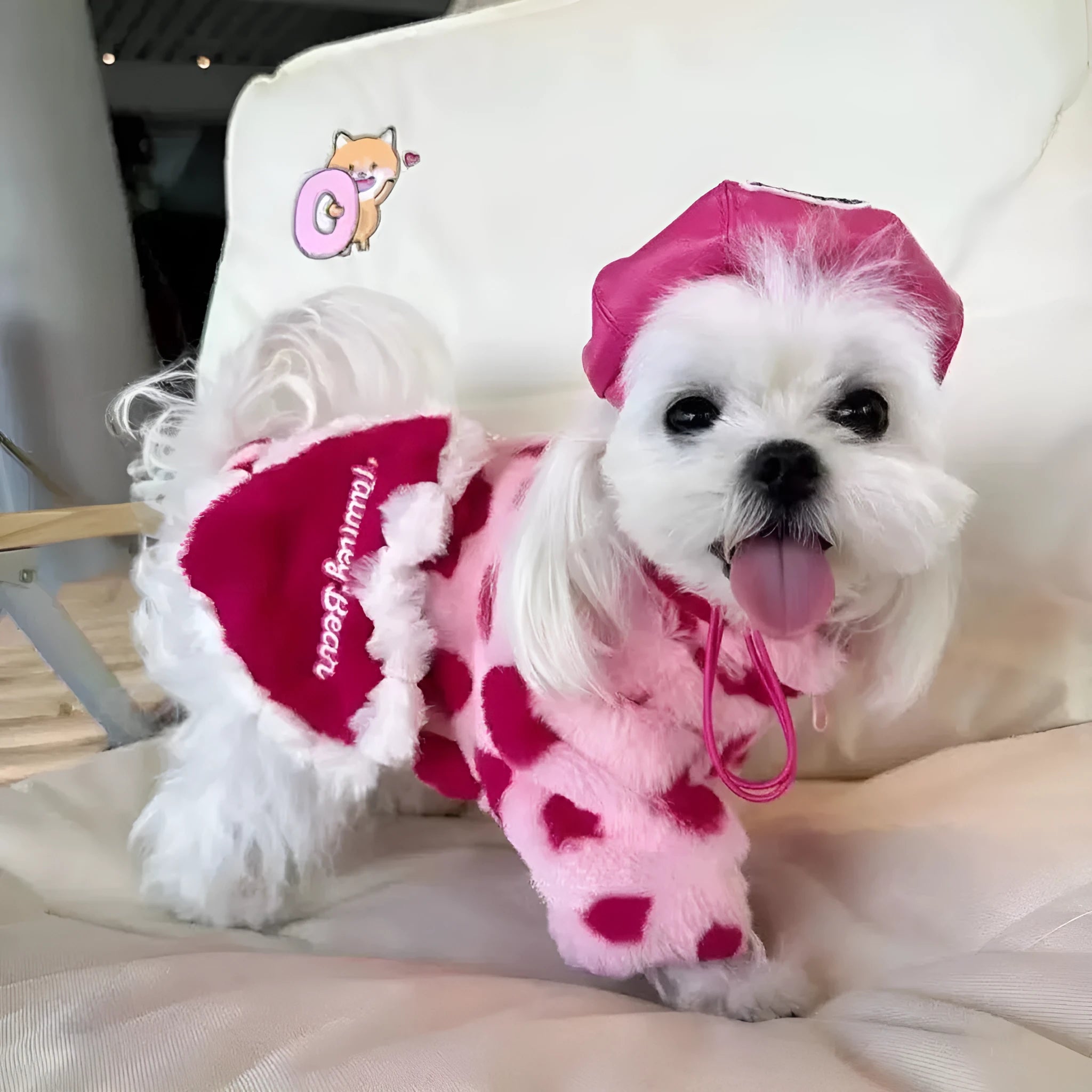 Polyester plush warm coat for small dogs in pink or coffee colours with British style design
