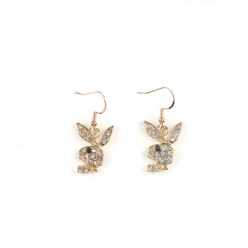 Gold, pink, and silver alloy rabbit stud earrings with cartoon and constellation designs