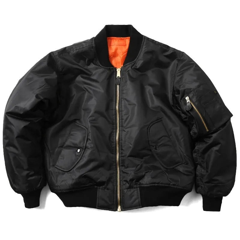 Men's army green loose-fitting nylon pilot jacket with cotton padding from American workwear collection.