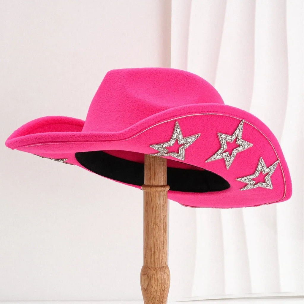 Beige polyester western-style top hat with a conical crown and a woven hexagonal star pattern.