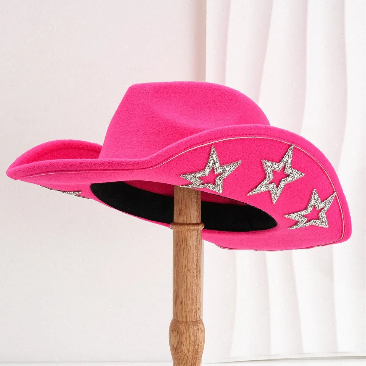 Beige polyester western-style top hat with a conical crown and a woven hexagonal star pattern.