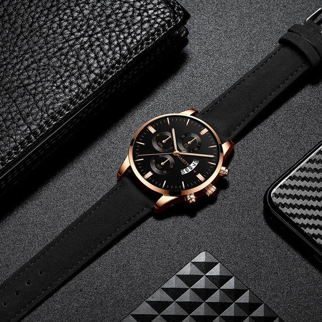 Mens classic business quartz watch with 39mm alloy case, black strap, rose gold case and hands, black face with pointer and number display