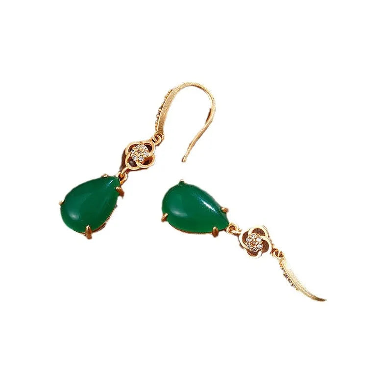 Gold-plated alloy drop earrings with Water Drop Jasper jade, unisex Chinese style for Hanfu and cheongsam