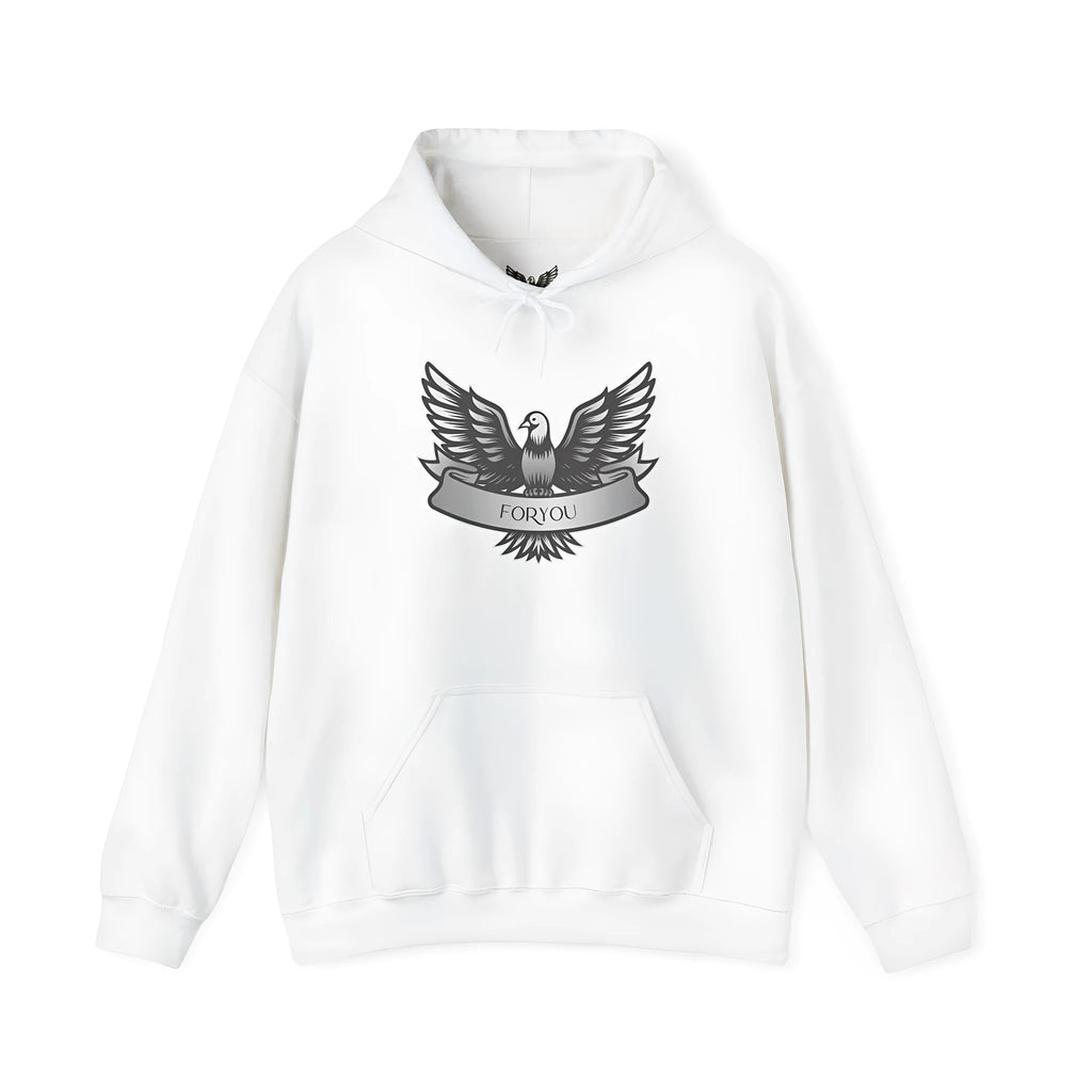 A white unisex cotton blend pullover hoodie with a hood and long sleeves on a hanger.