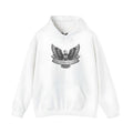A white unisex cotton blend pullover hoodie with a hood and long sleeves on a hanger.
