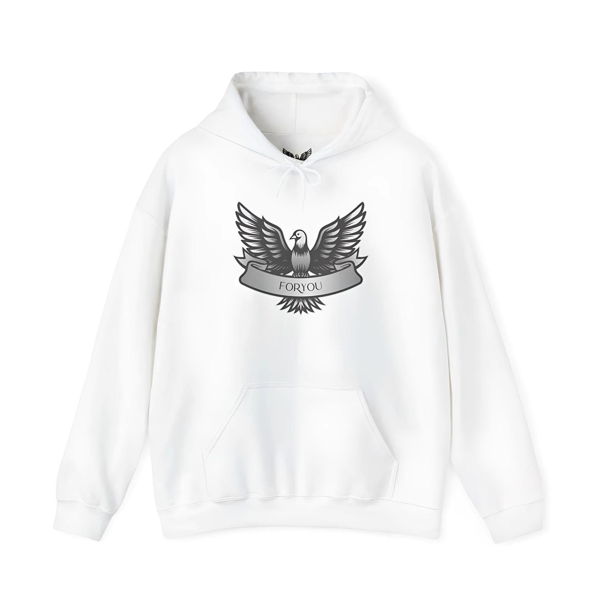 A white unisex cotton blend pullover hoodie with a hood and long sleeves on a hanger.