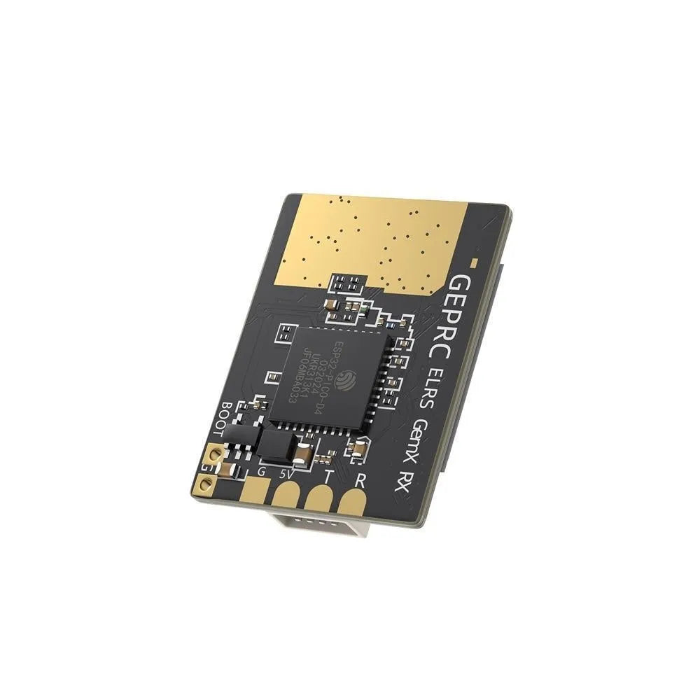 ELRS dual-frequency FPV drone receiver module with metal housing and T-shaped antennas