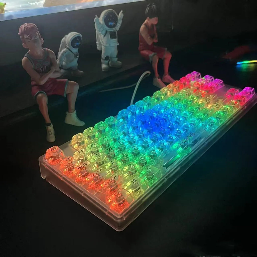Transparent plastic keyboard key caps arranged as complete 132-key set for mechanical keyboard replacement