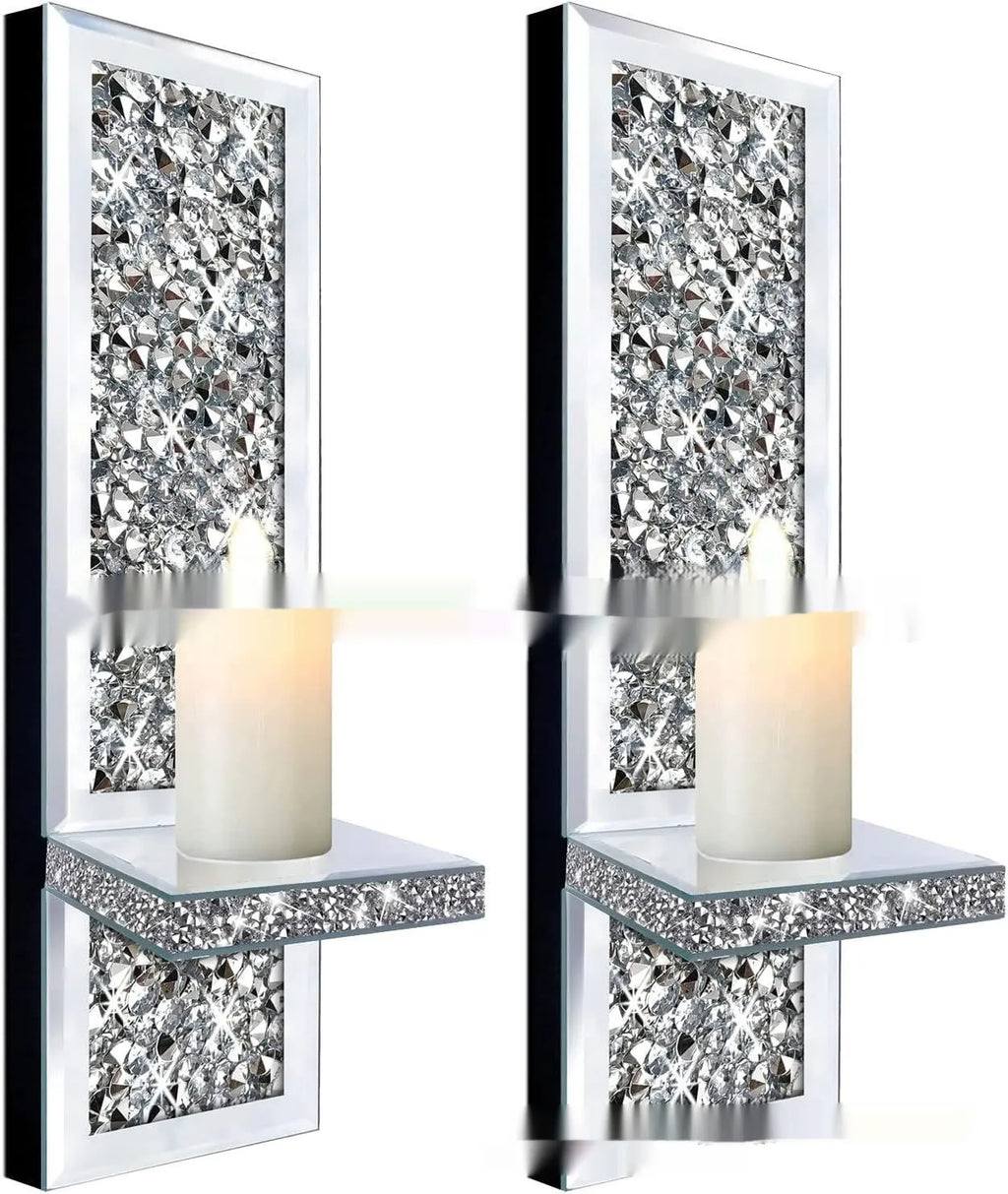 Pair of silver mirror glass candlestick holders for wall mounting, 38cm tall.