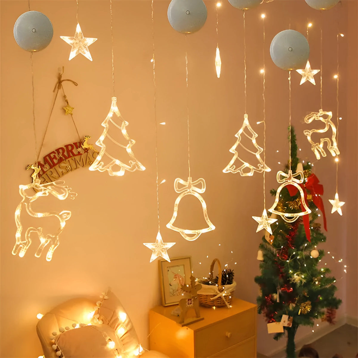 Christmas LED suction cup light featuring a Santa Claus shape on a window, with 10 warm white LED beads