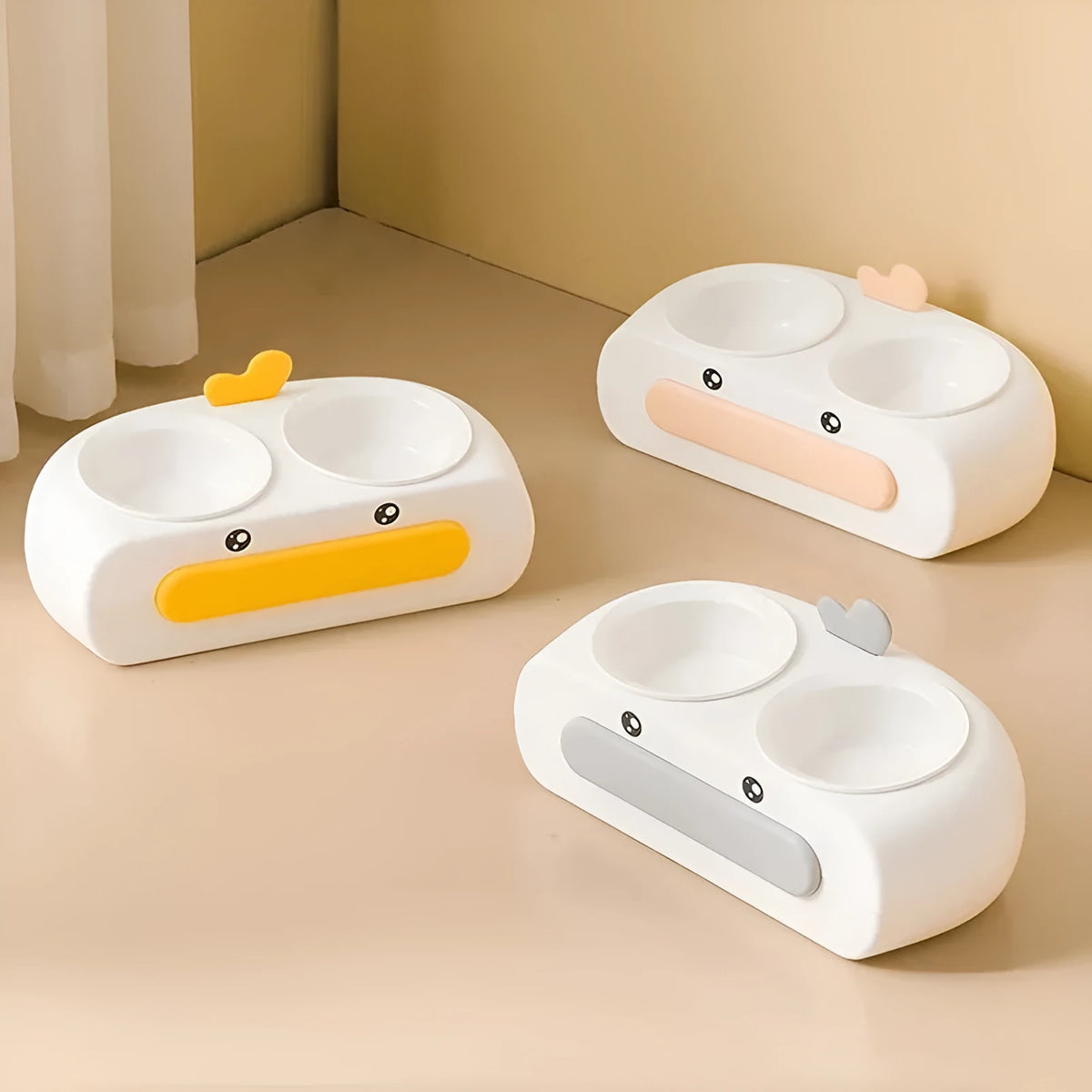 Duck design double pet bowl feeder tray in grey, pink, or yellow with plastic or stainless steel bowls for cats and small dogs.