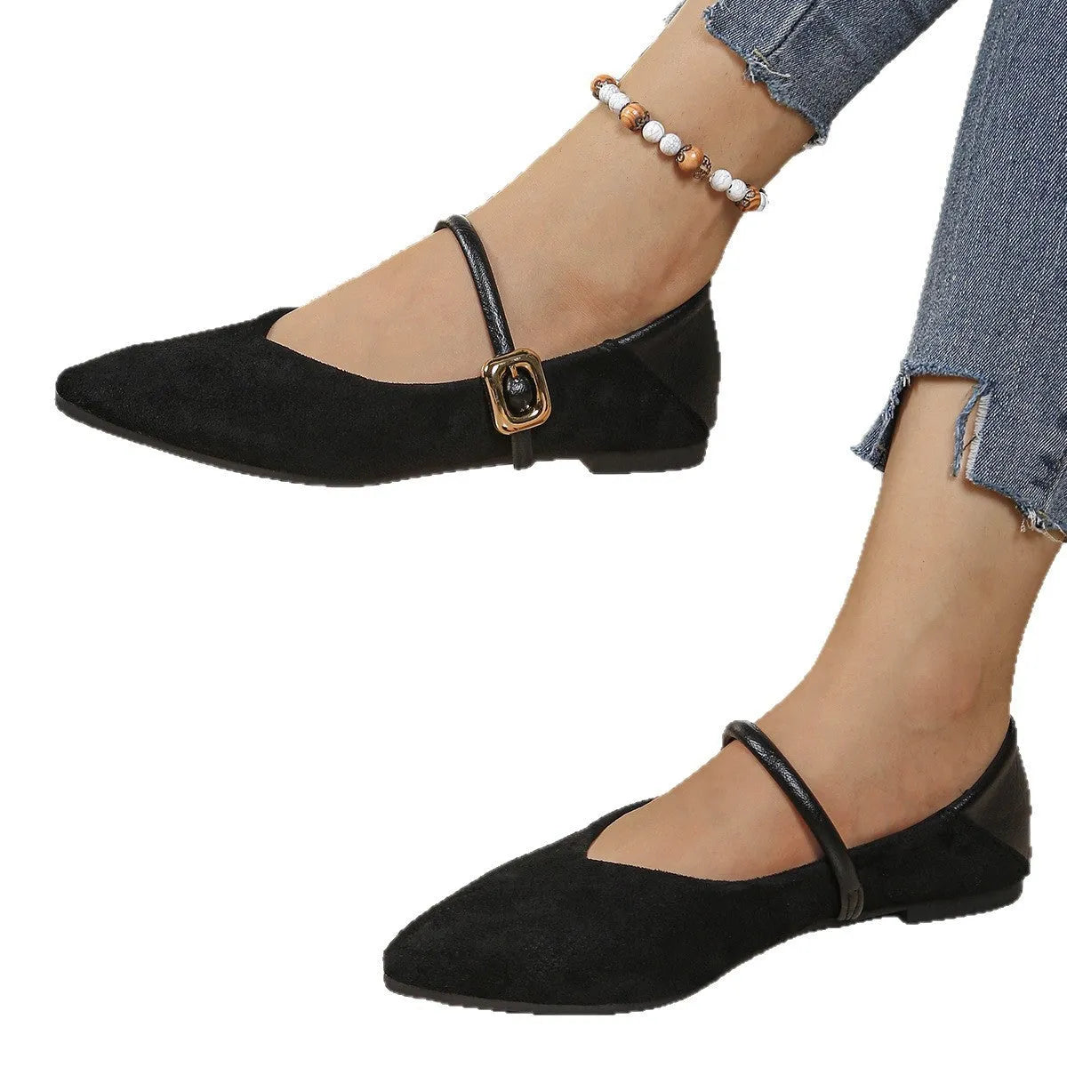 Large size flat bottom casual suede work shoes for women with buckle fastening in black