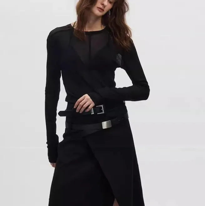 Black slim-fit long sleeve pullover with a mesh see-through texture and round collar.