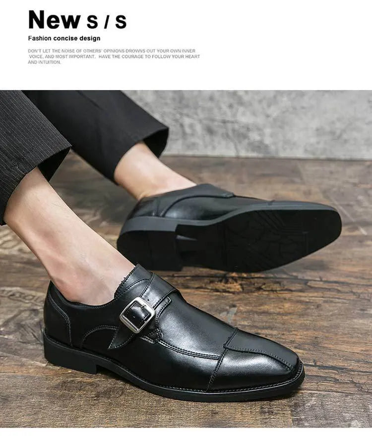 Men's brown blue retro buckle casual leather shoes with tall crown design