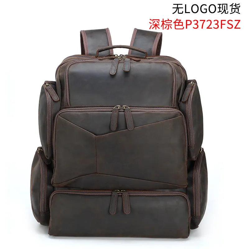 Dark brown genuine leather backpack for men with 17-inch laptop compartment and multiple internal organisers