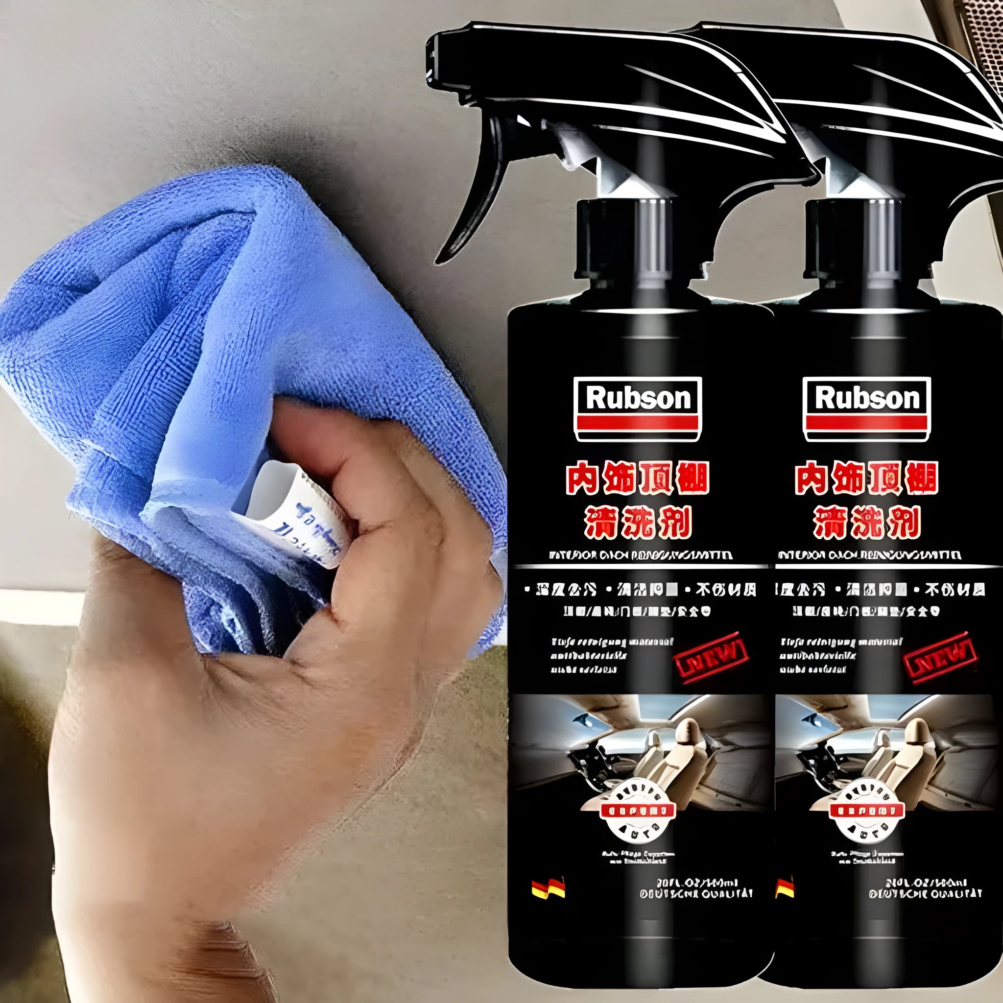 Wash free fabric roof foam decontamination cleaner bottles with cleaning towels and sponge wipes for interior ceiling cleaning