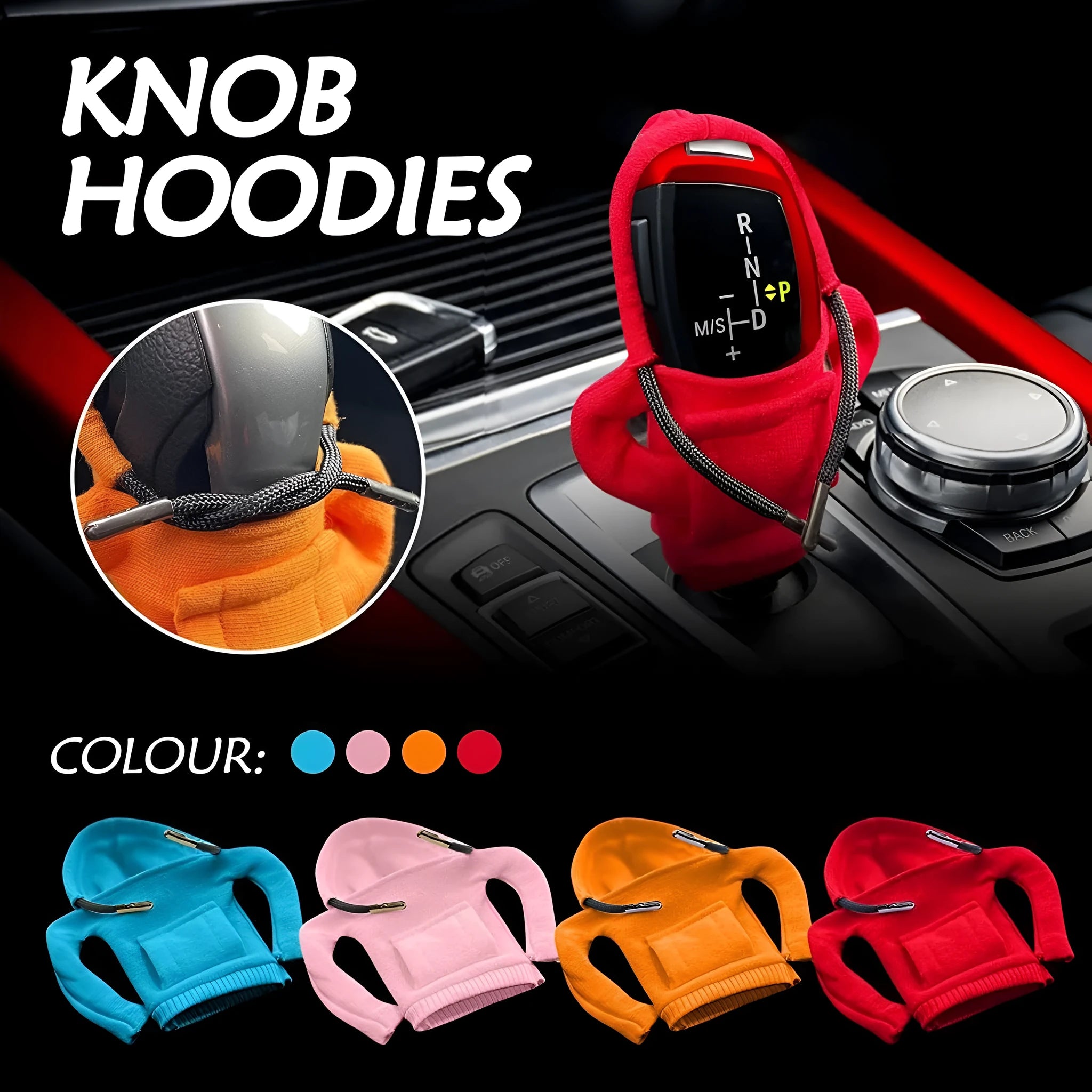 Cloth car gear shift knob cover in various colours showing its 13cm by 8cm size