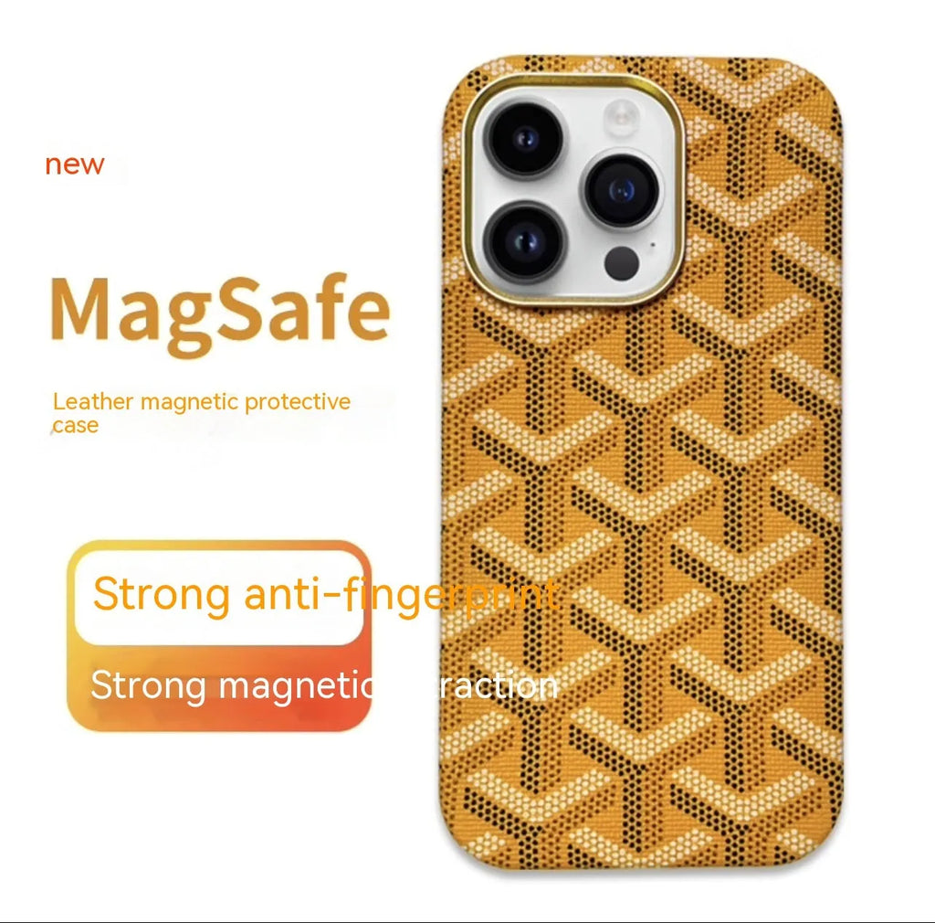 Leather phone case with magnetic suction, all-inclusive design, available in green, gold, pink, white, and black for Apple iPhone.