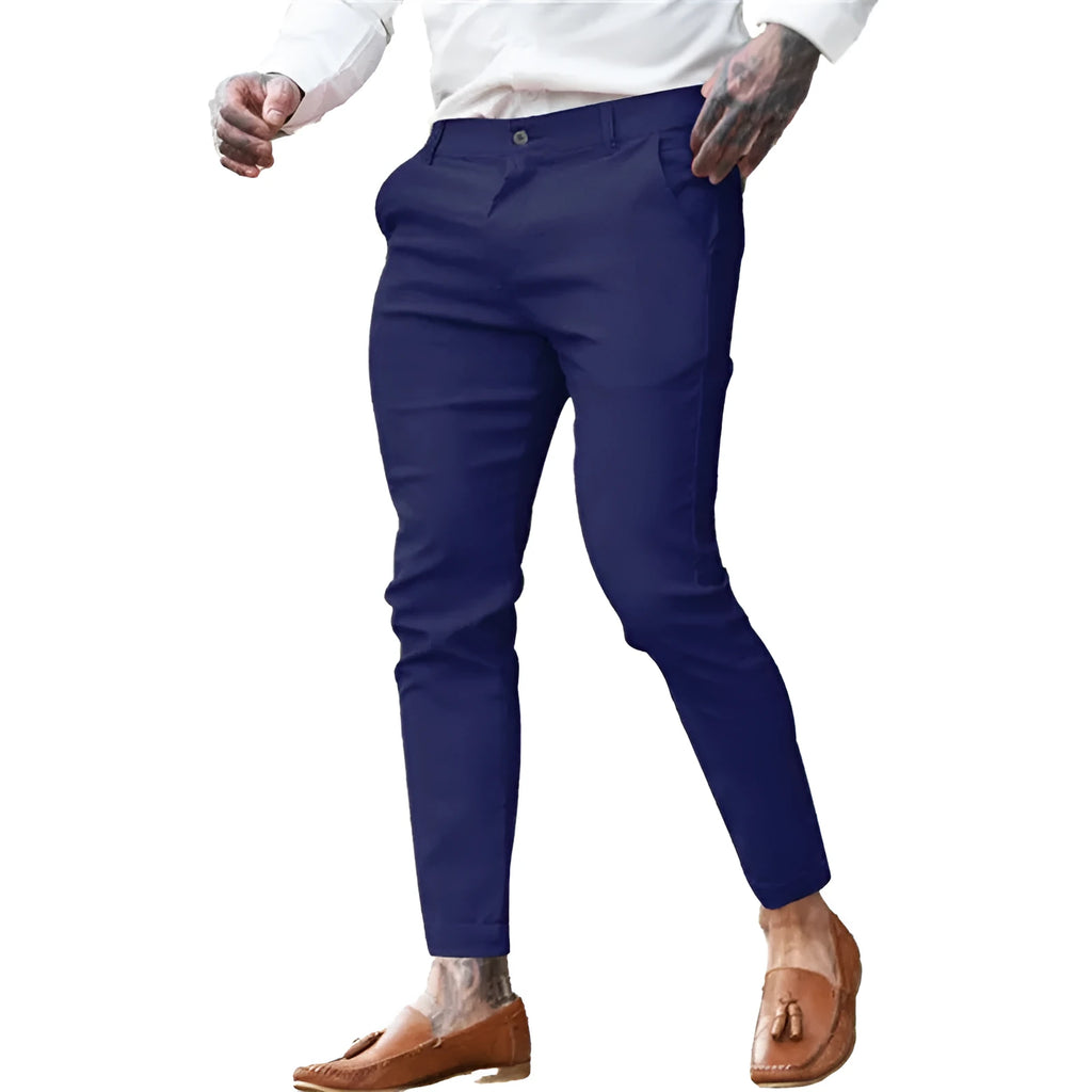 Men's slim fit cotton stretch pencil pants in multiple colours with mid waist and zip fly closure