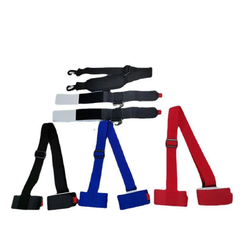 Adjustable hook and loop ski carrying strap in multiple colours for shoulder transport.