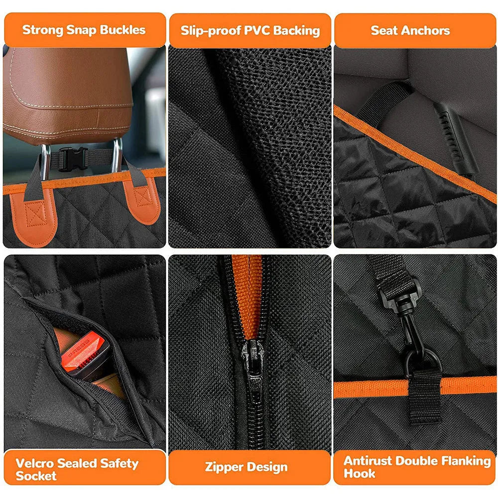 Black and orange waterproof dog car seat cover showing mesh window and accessory pocket