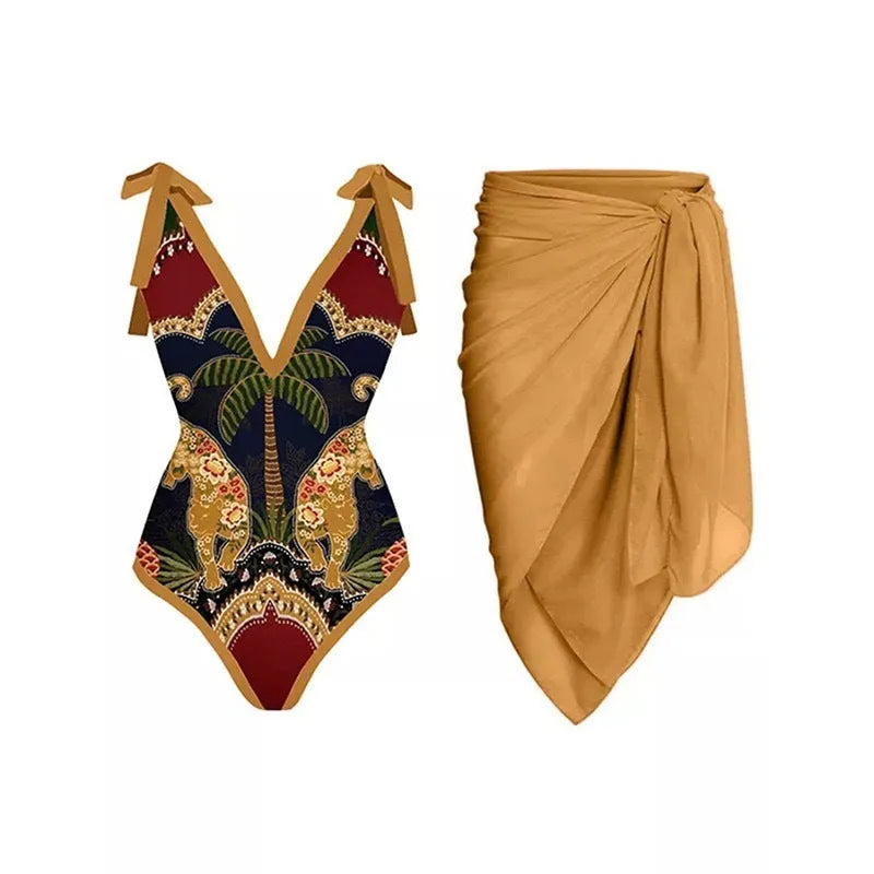 Women's solid colour one-piece swimsuit with spaghetti straps and matching removable skirt