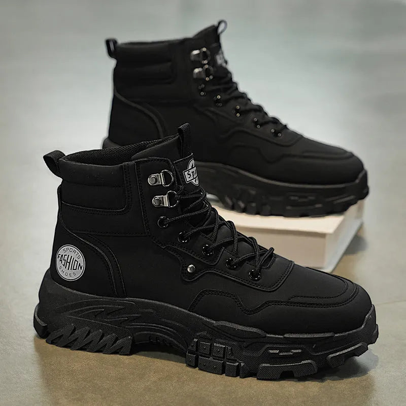 Men's black high-top Martin boots with mid heel and injection moulded sole