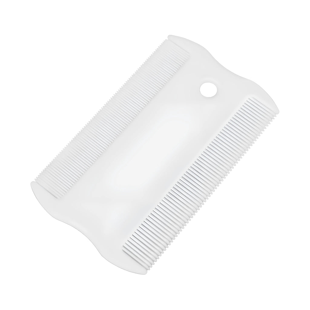 A small, white, double-sided plastic flea comb for pet face and tear stain grooming.