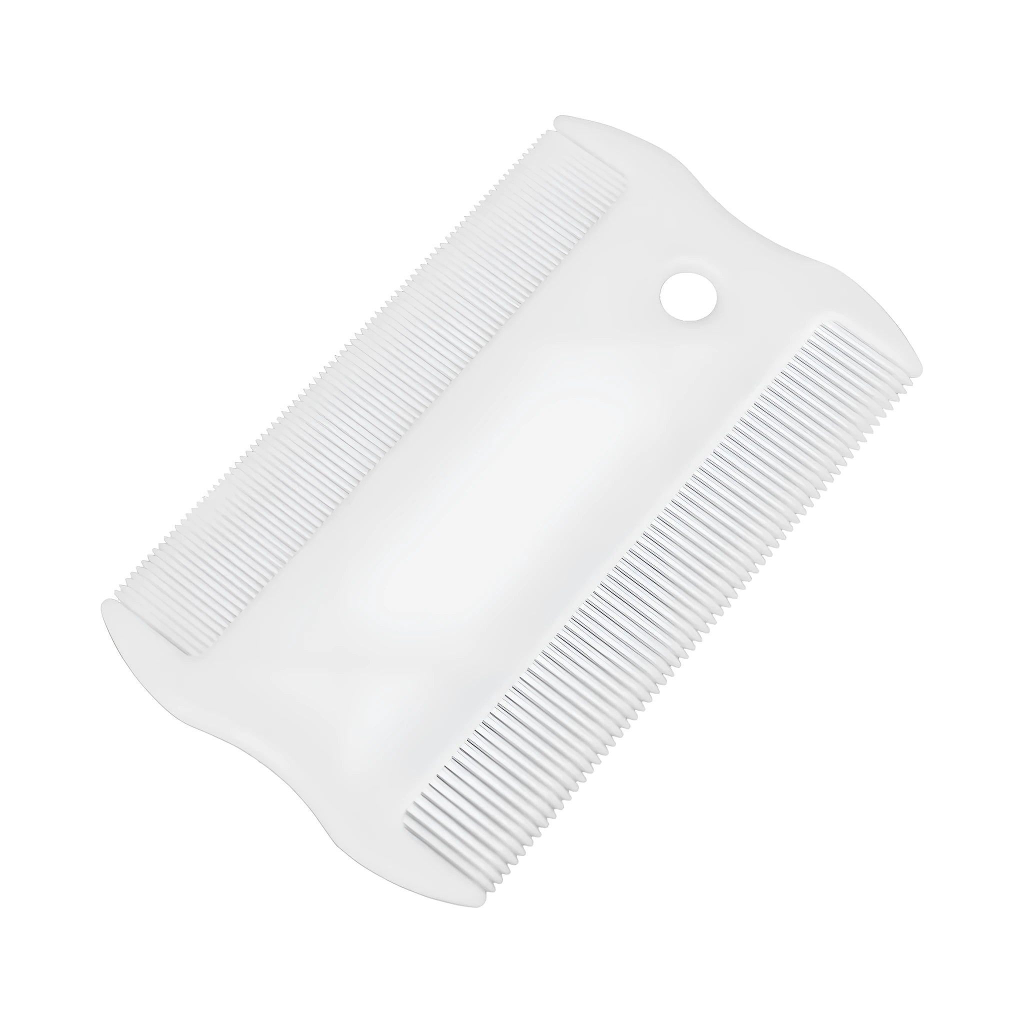 A small, white, double-sided plastic flea comb for pet face and tear stain grooming.