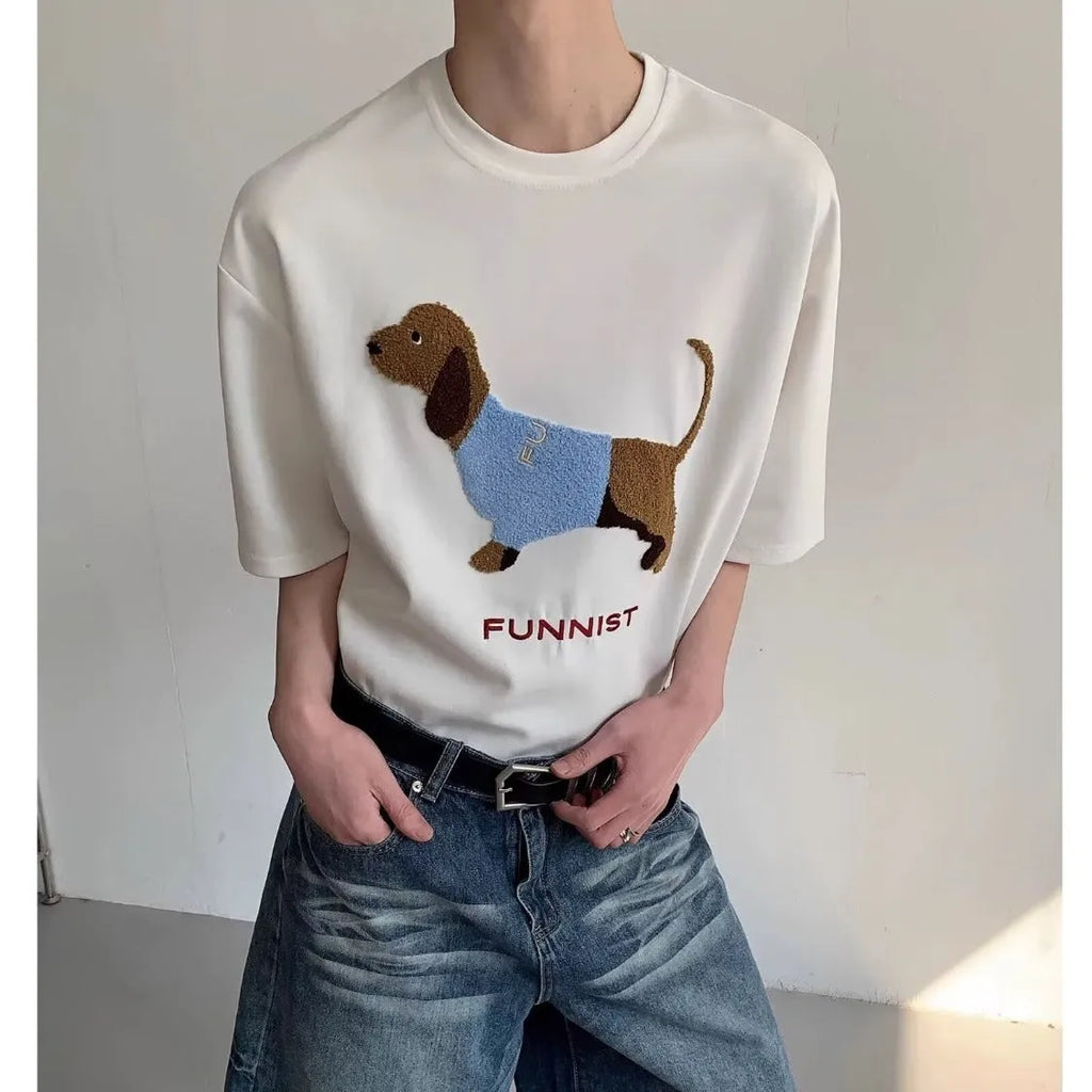 Men's grey cotton T-shirt with embroidered sausage dog design on front