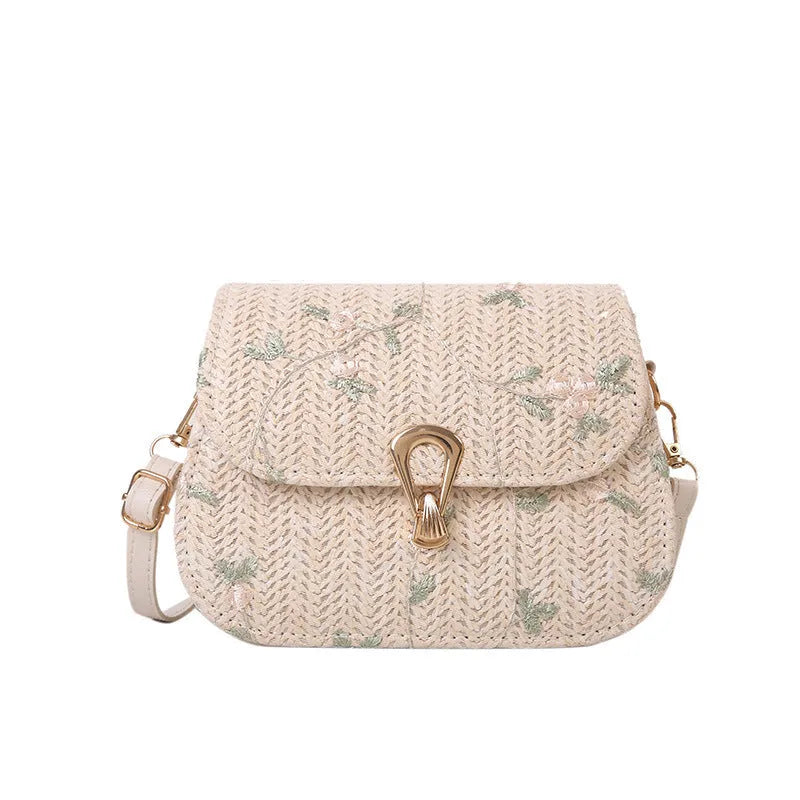 Straw woven satchel handbag with floral pattern in white colour option, single shoulder strap, summer beach bag