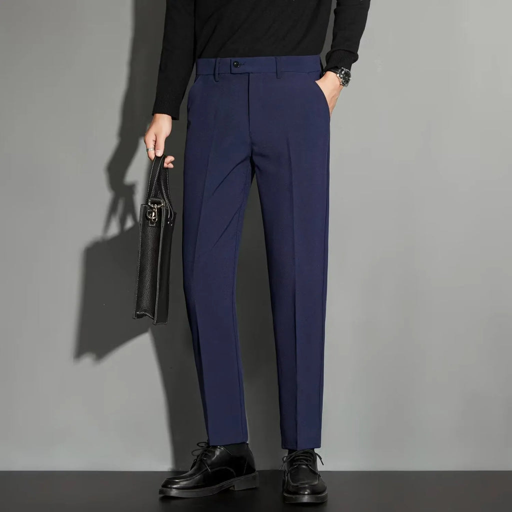 Men's straight cut ankle-length suit trousers with draping effect in multiple colour options