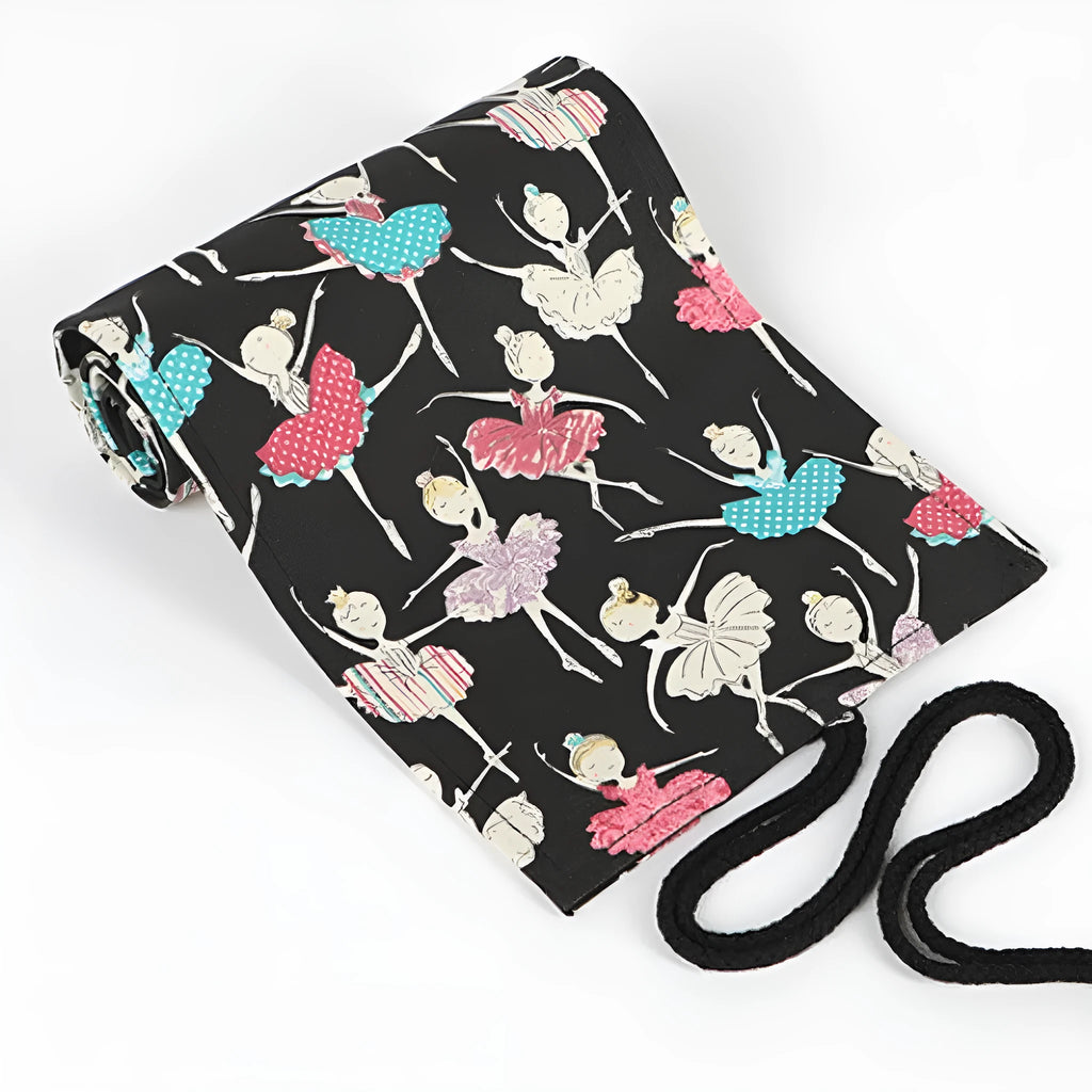 Canvas rolling pencil case with ballet girl print showing multiple pencil storage holes