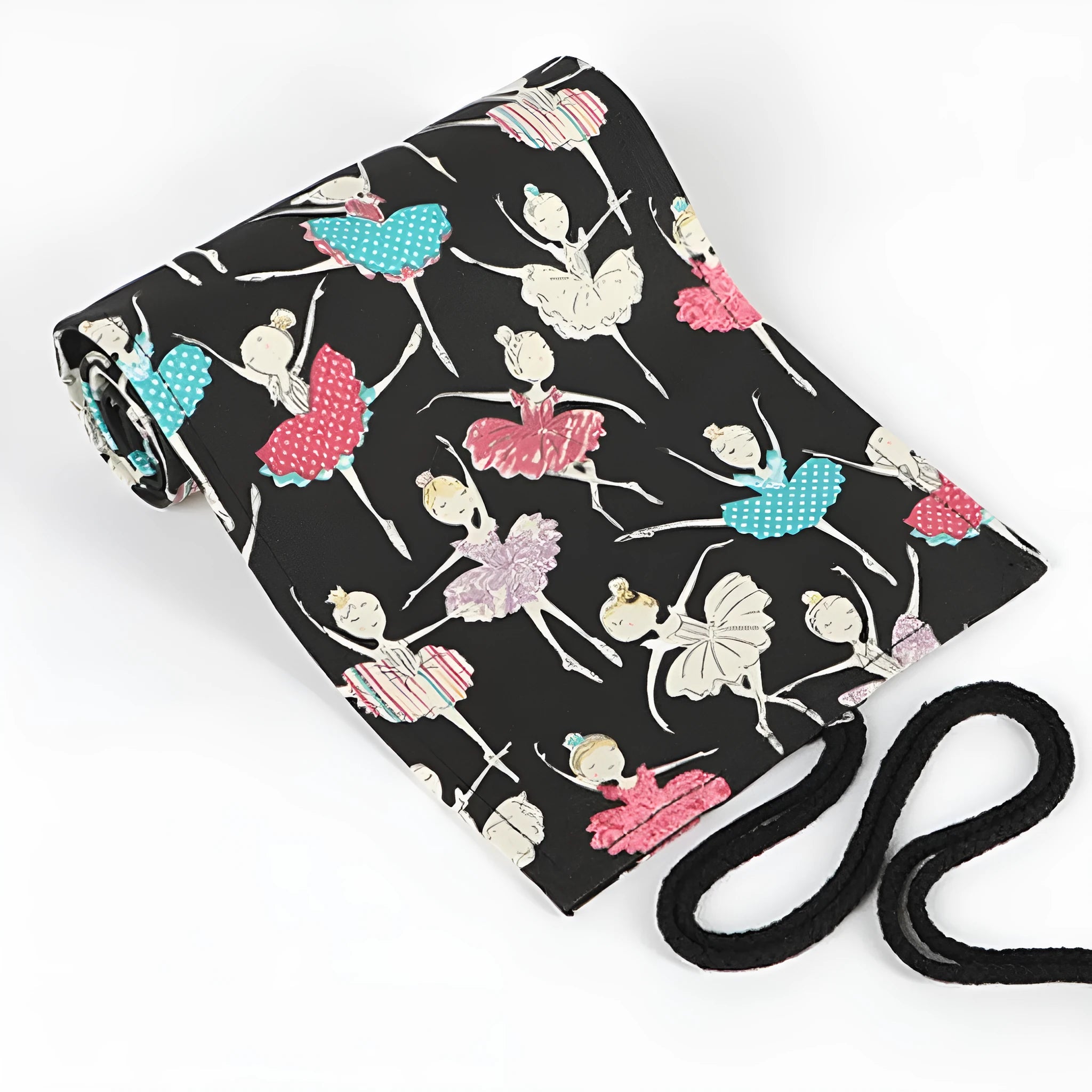 Canvas rolling pencil case with ballet girl print showing multiple pencil storage holes