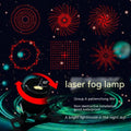 Aluminium housing laser fog lamp with red beam, showing adjustable mount and wiring for 12-24V vehicles.