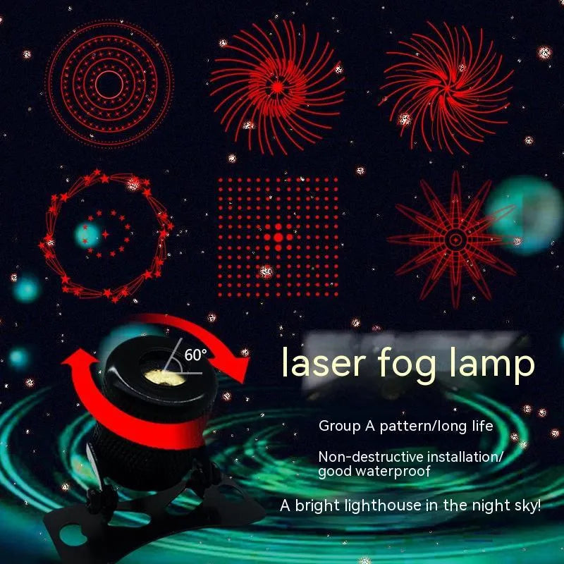 Aluminium housing laser fog lamp with red beam, showing adjustable mount and wiring for 12-24V vehicles.