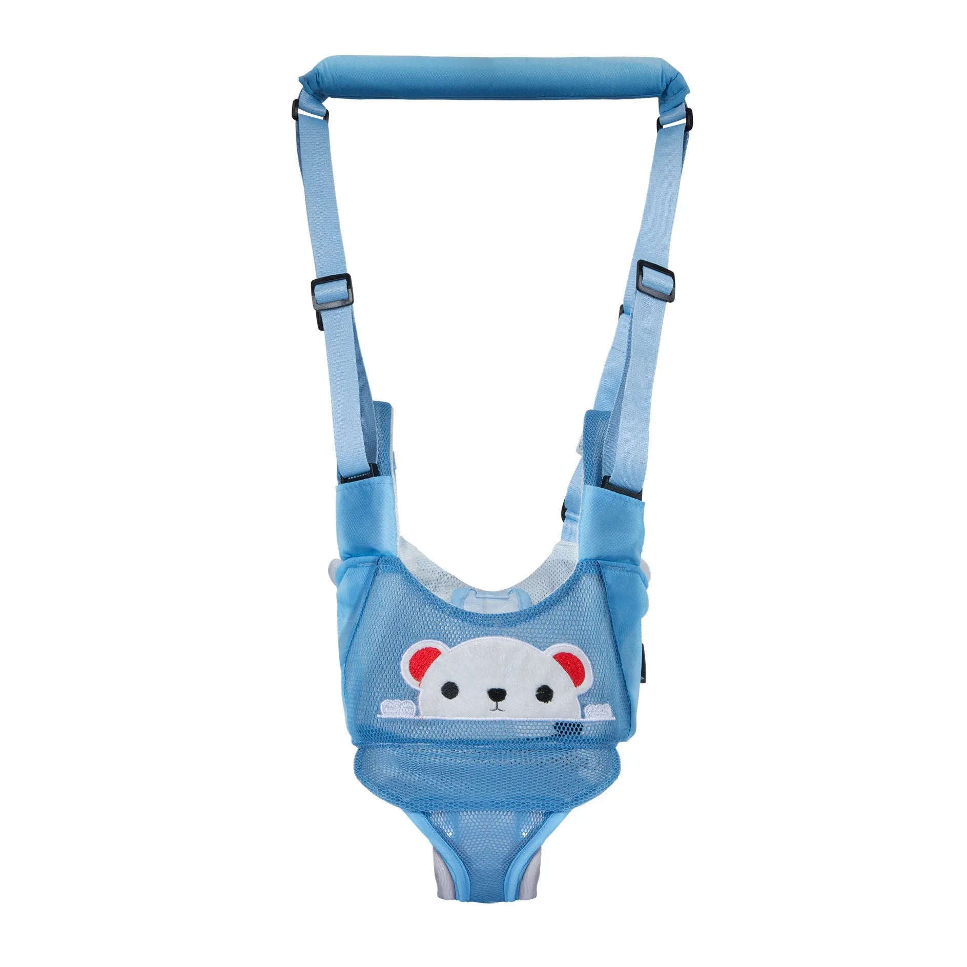 Baby walking harness belt in blue vest style showing adjustable straps for toddler walking support