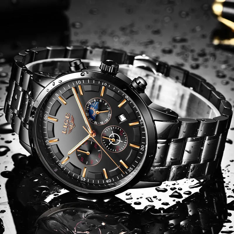 Men's waterproof quartz sports watch with 12mm thickness in black and rose red gold colour option