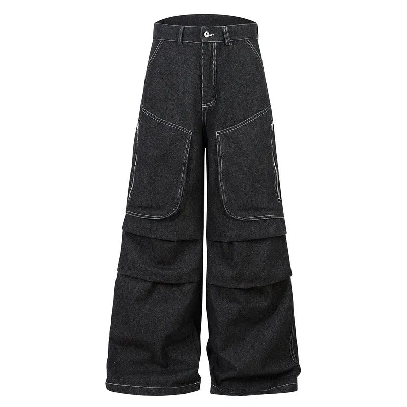 Black multi-pocket pleated workwear jeans with zip placket closure on mannequin