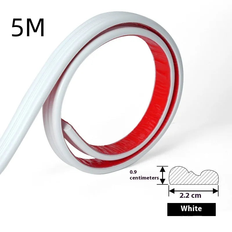 Flexible white PVC self-adhesive edge banding strip for wall shaping and backdrop borders.