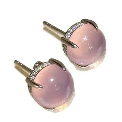 Chinese style retro geometric chalcedony stud earrings with four-claw copper settings in three colour options