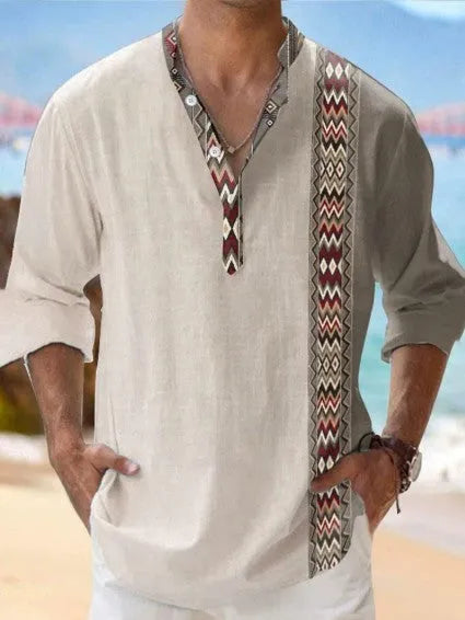 Thin casual digital bamboo linen Hawaiian long sleeve shirt with stripe pattern