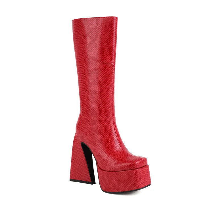 Women's casual high boots in artificial PU leather, shown in black, red, blue, and white colour options.