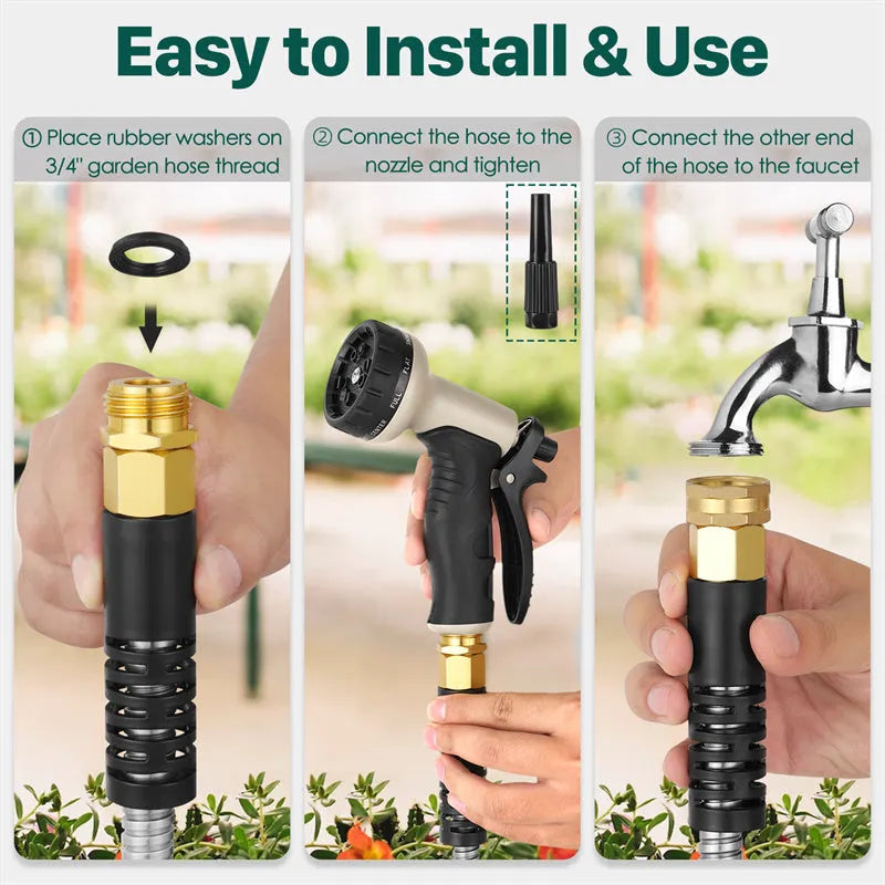 100ft stainless steel metal garden hose with 10-pattern adjustable spray nozzle and 2 nozzles